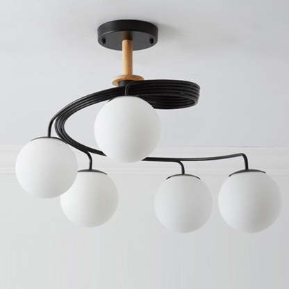Nordic Dome Orbs Curved Iron Solid Wood Glass Chandelier
