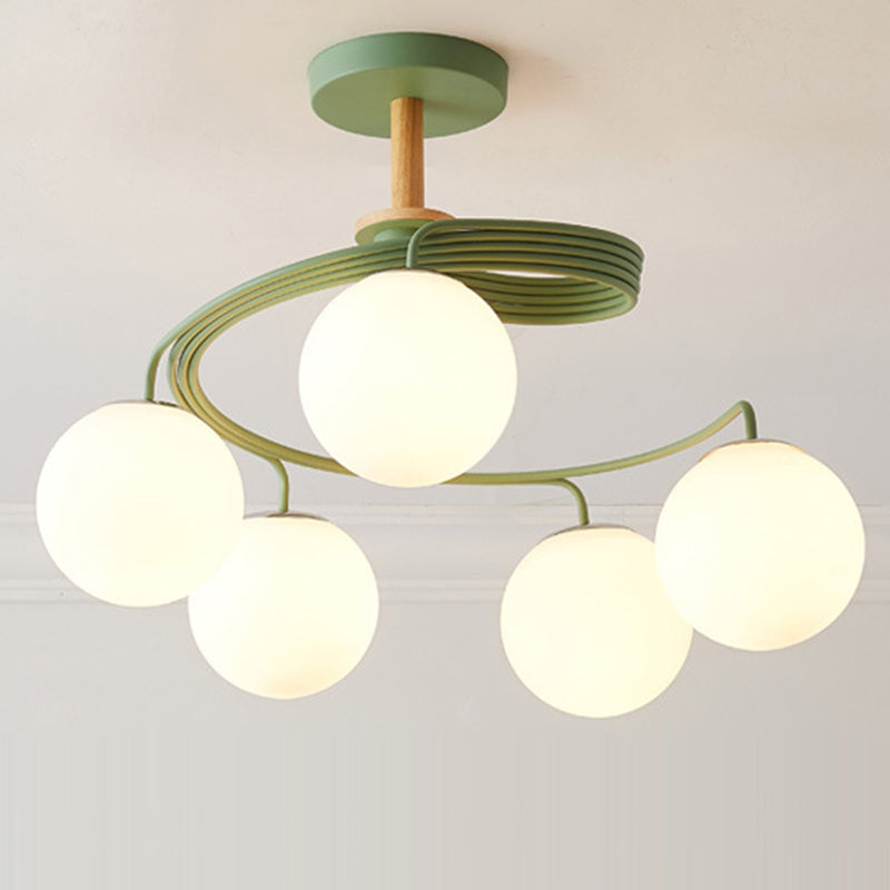 Nordic Dome Orbs Curved Iron Solid Wood Glass Chandelier