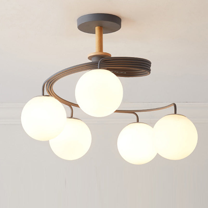 Nordic Dome Orbs Curved Iron Solid Wood Glass Chandelier