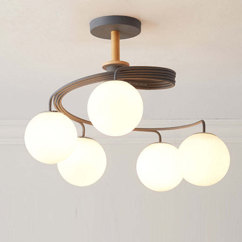 Nordic Dome Orbs Curved Iron Solid Wood Glass Chandelier