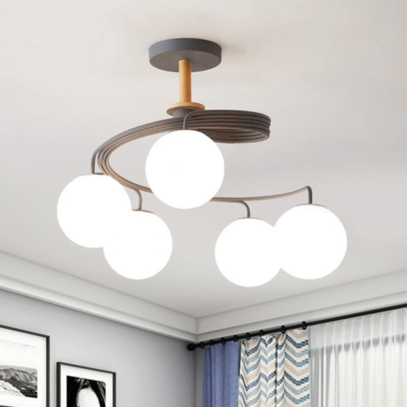 Nordic Dome Orbs Curved Iron Solid Wood Glass Chandelier
