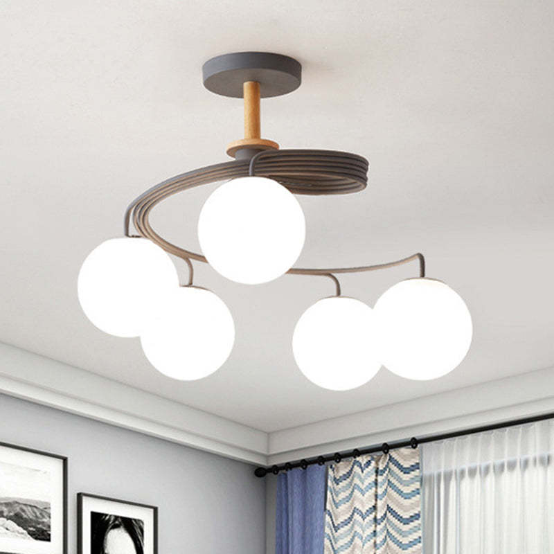 Nordic Dome Orbs Curved Iron Solid Wood Glass Chandelier