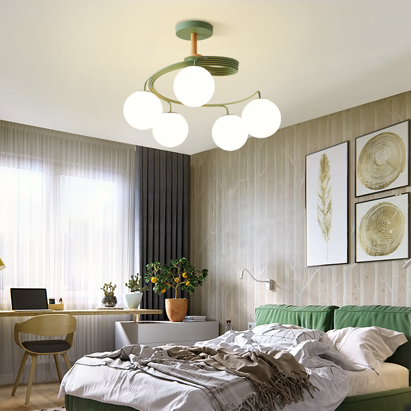 Nordic Dome Orbs Curved Iron Solid Wood Glass Chandelier