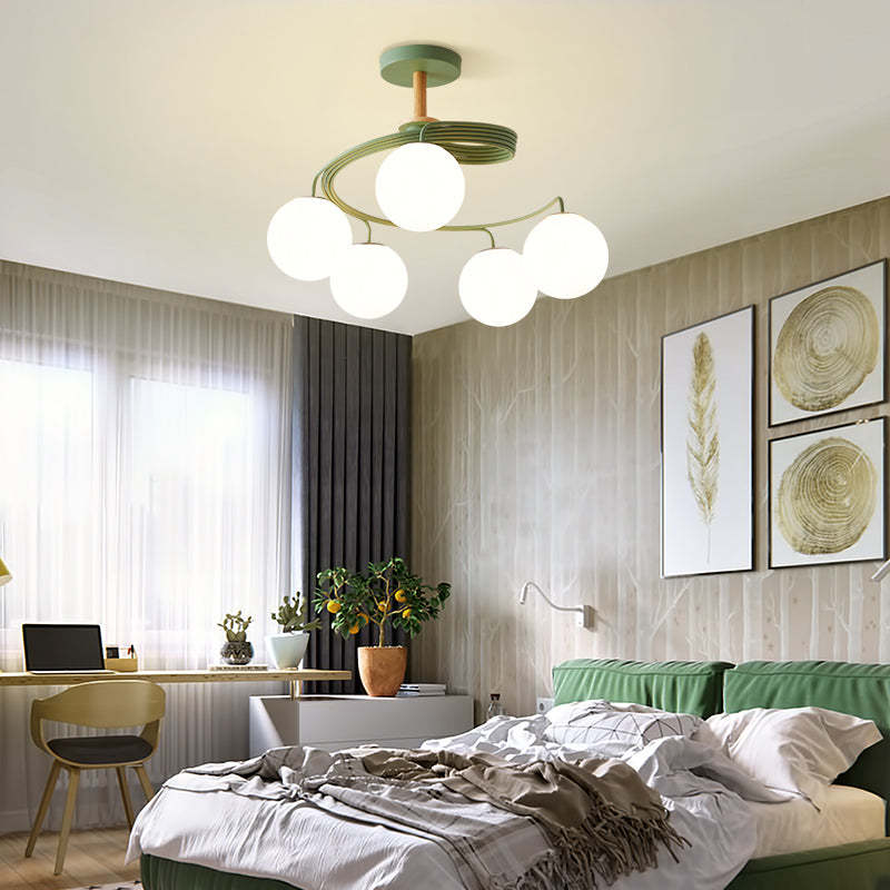 Nordic Dome Orbs Curved Iron Solid Wood Glass Chandelier