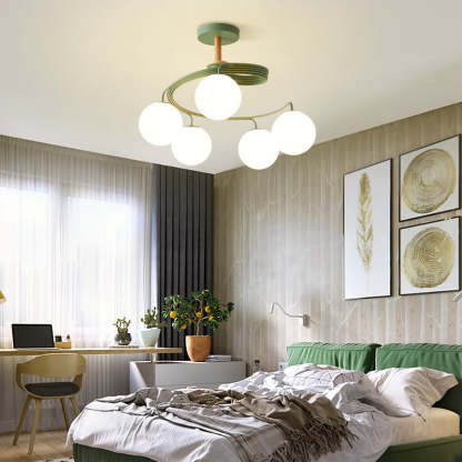 Nordic Dome Orbs Curved Iron Solid Wood Glass Chandelier