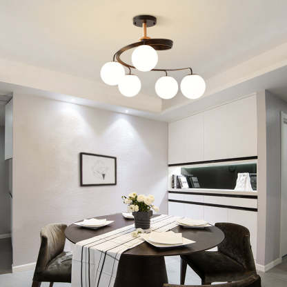Nordic Dome Orbs Curved Iron Solid Wood Glass Chandelier