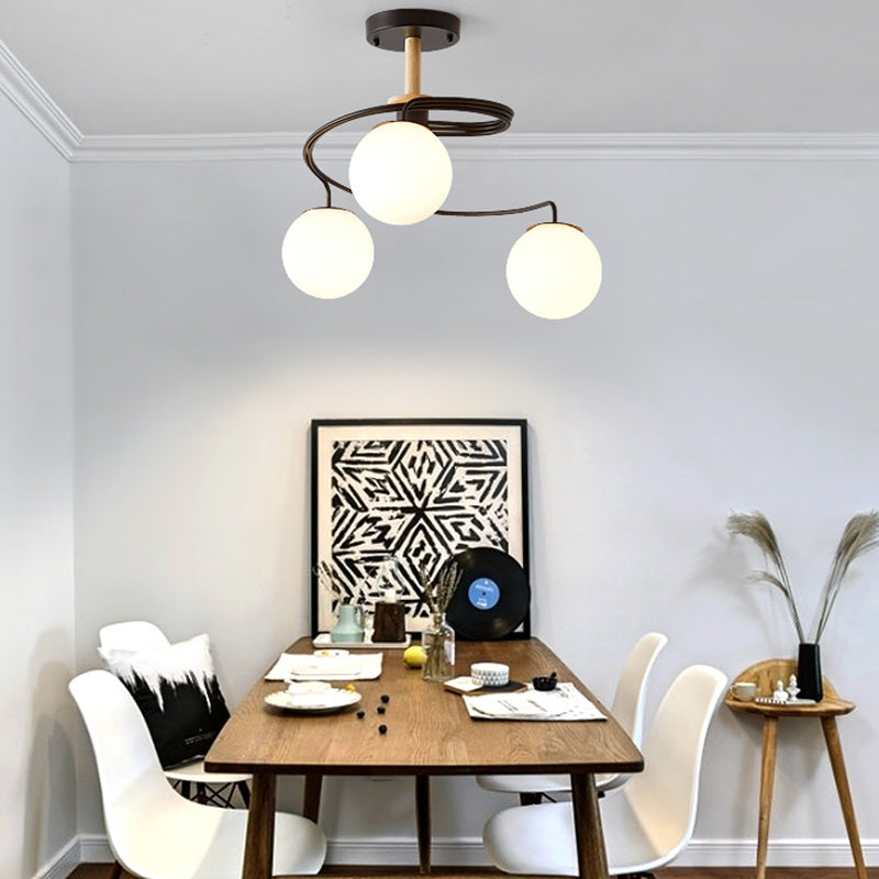 Nordic Dome Orbs Curved Iron Solid Wood Glass Chandelier