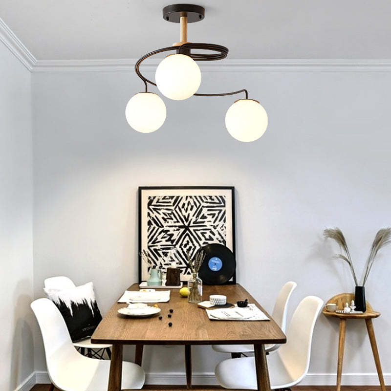 Nordic Dome Orbs Curved Iron Solid Wood Glass Chandelier