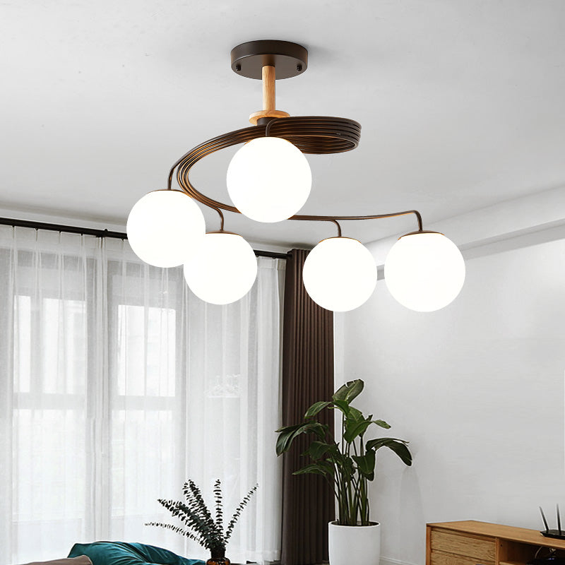 Nordic Dome Orbs Curved Iron Solid Wood Glass Chandelier