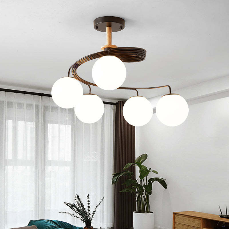 Nordic Dome Orbs Curved Iron Solid Wood Glass Chandelier