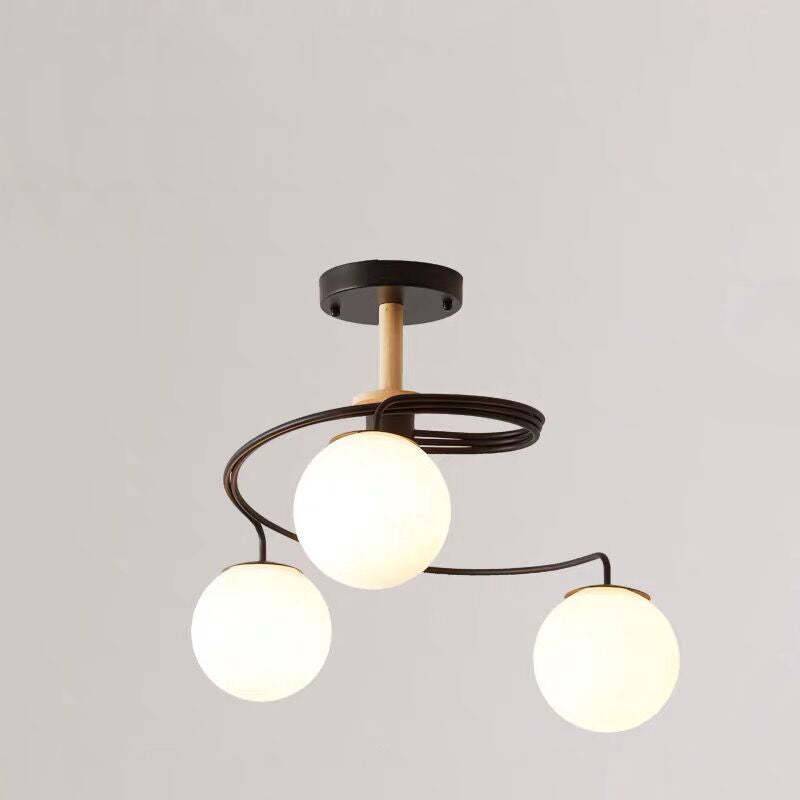 Nordic Dome Orbs Curved Iron Solid Wood Glass Chandelier