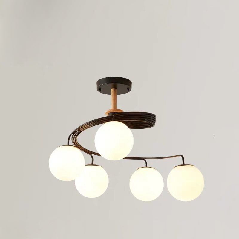 Nordic Dome Orbs Curved Iron Solid Wood Glass Chandelier