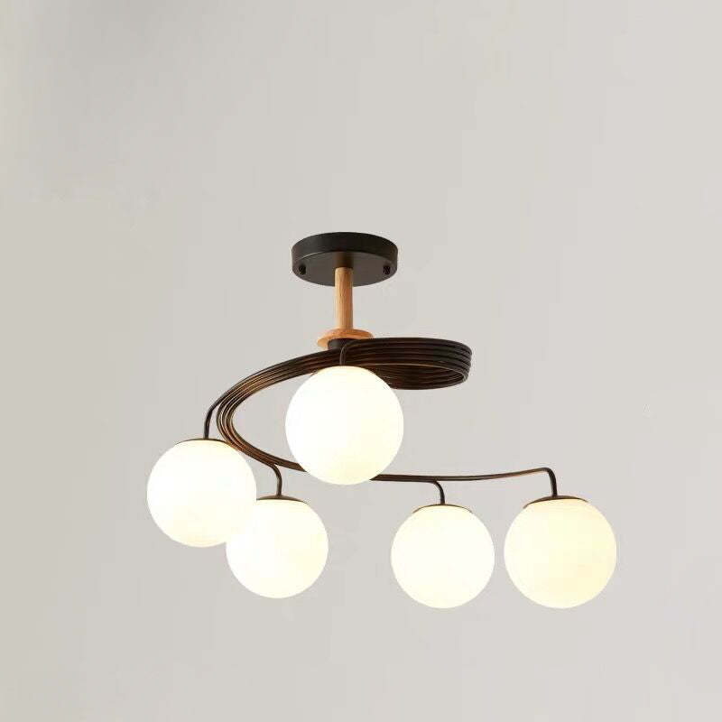 Nordic Dome Orbs Curved Iron Solid Wood Glass Chandelier