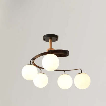 Nordic Dome Orbs Curved Iron Solid Wood Glass Chandelier