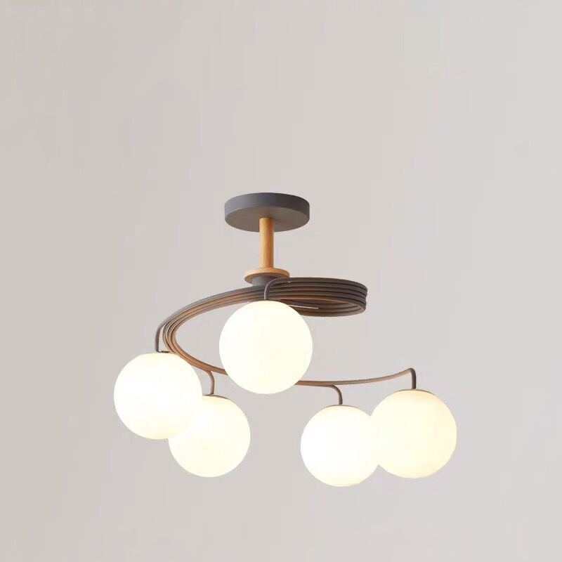 Nordic Dome Orbs Curved Iron Solid Wood Glass Chandelier