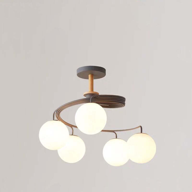 Nordic Dome Orbs Curved Iron Solid Wood Glass Chandelier