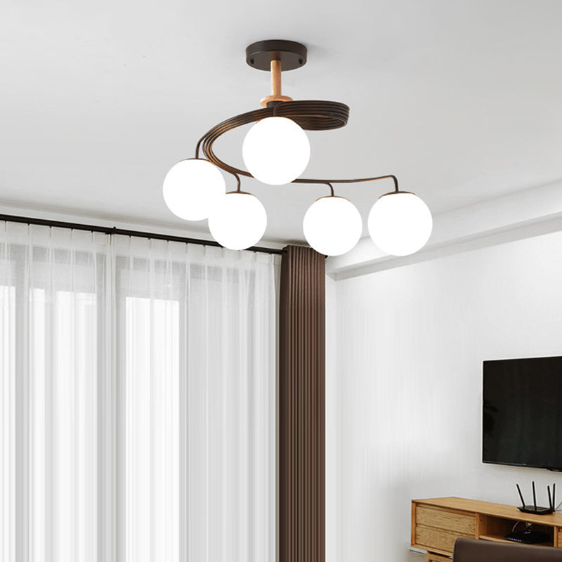 Nordic Dome Orbs Curved Iron Solid Wood Glass Chandelier