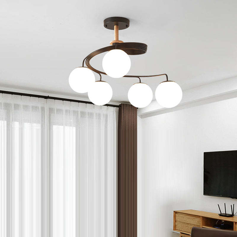 Nordic Dome Orbs Curved Iron Solid Wood Glass Chandelier
