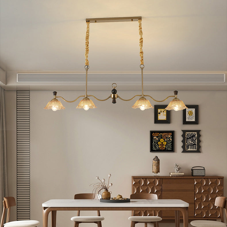 French Flower Iron Wood Glass Island Chandelier