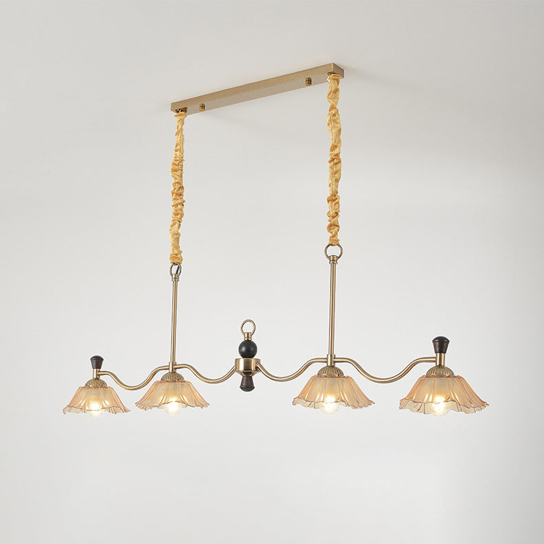 French Flower Iron Wood Glass Island Chandelier