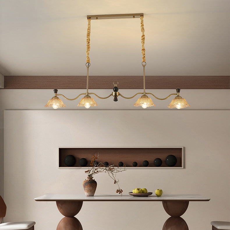 French Flower Iron Wood Glass Island Chandelier