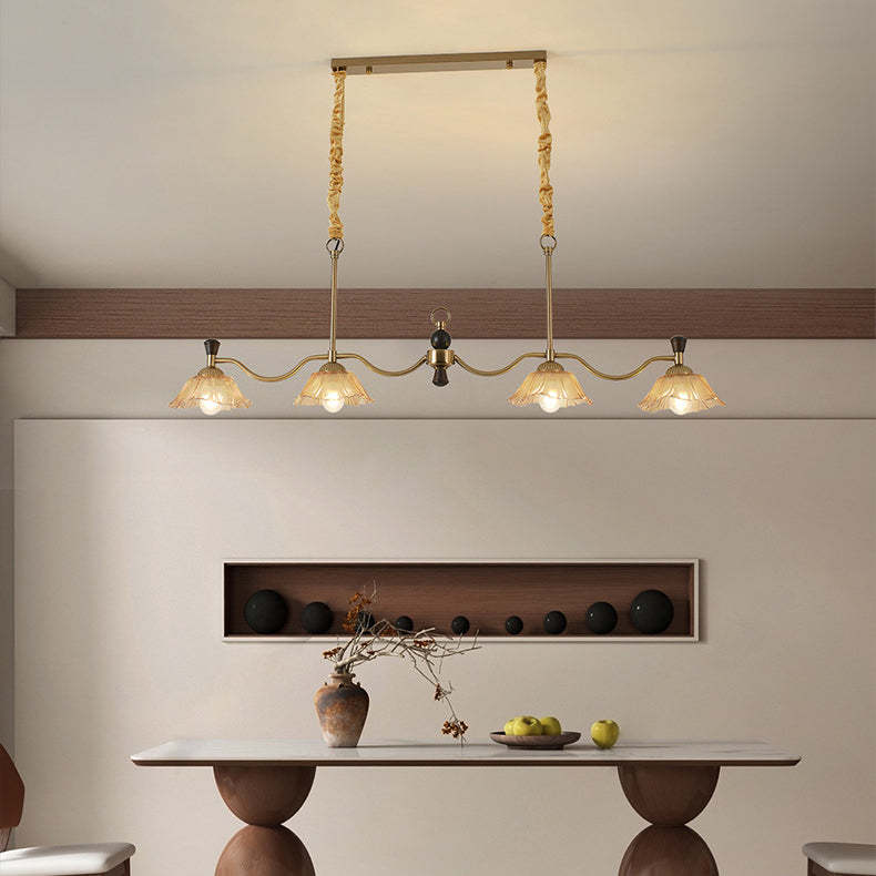 French Flower Iron Wood Glass Island Chandelier
