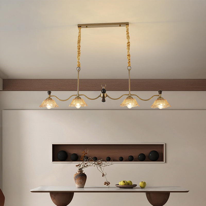 French Flower Iron Wood Glass Island Chandelier