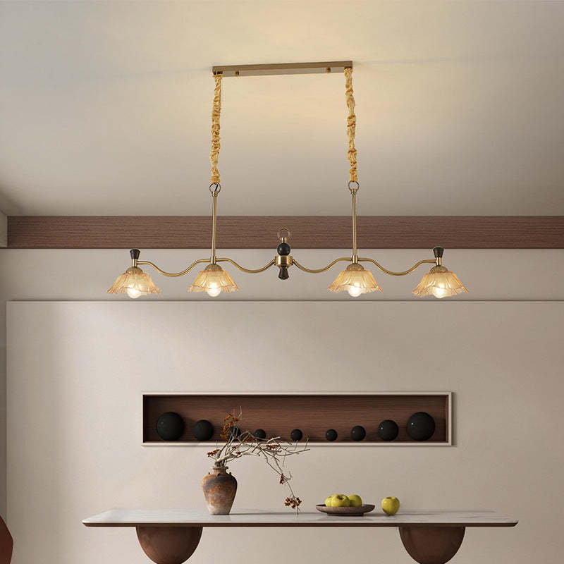 French Flower Iron Wood Glass Island Chandelier