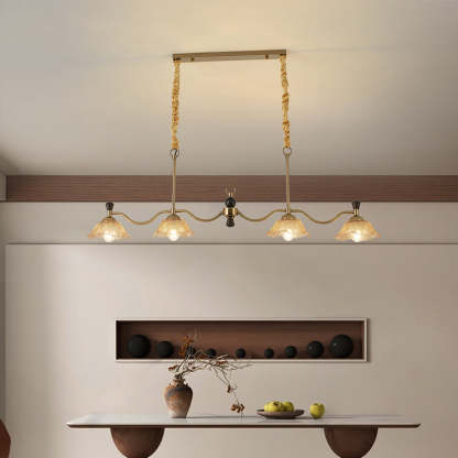 French Flower Iron Wood Glass Island Chandelier