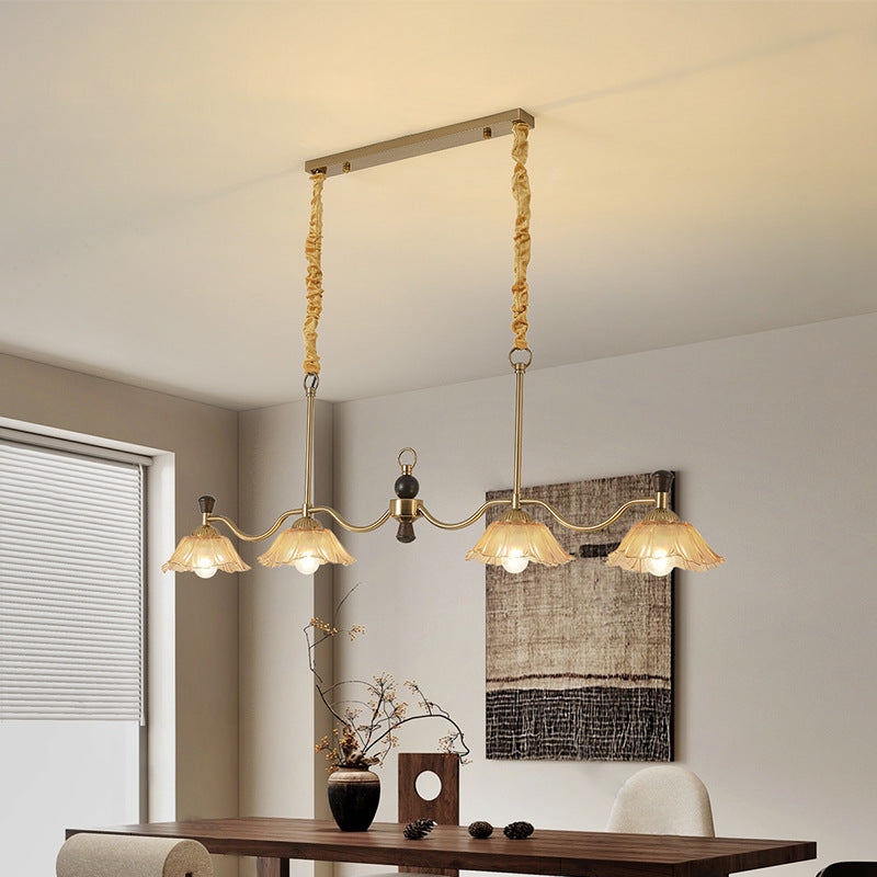 French Flower Iron Wood Glass Island Chandelier