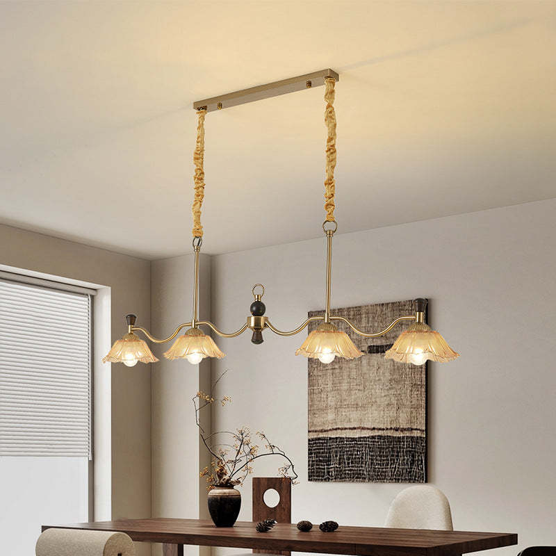 French Flower Iron Wood Glass Island Chandelier