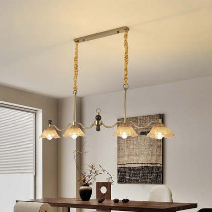 French Flower Iron Wood Glass Island Chandelier