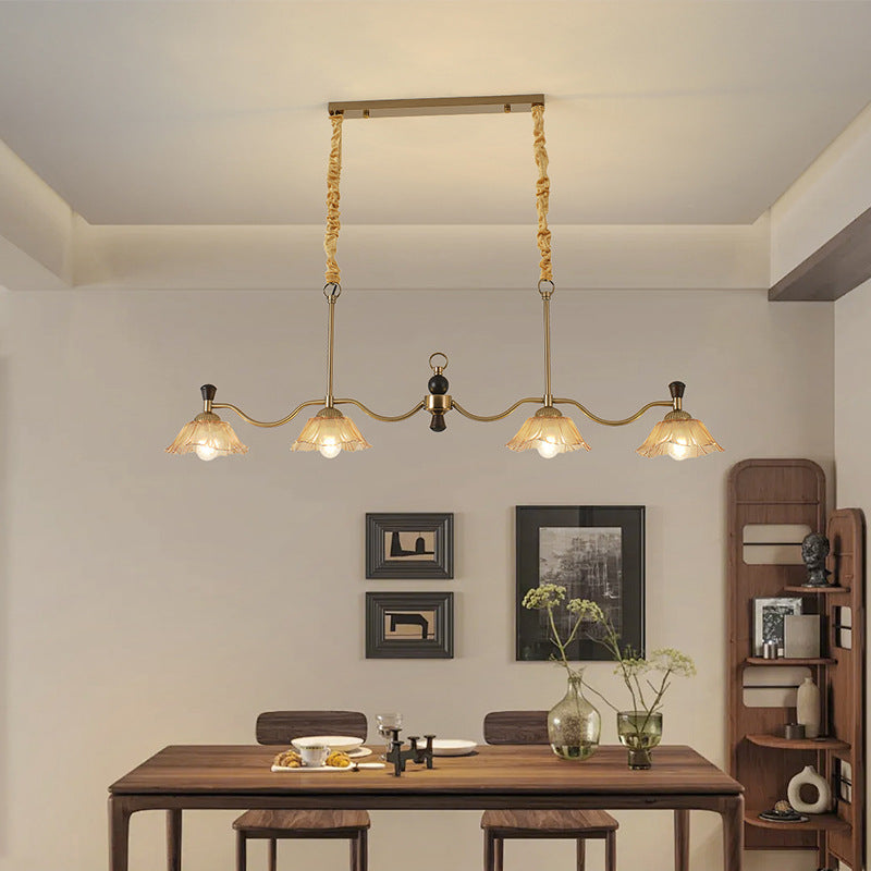 French Flower Iron Wood Glass Island Chandelier