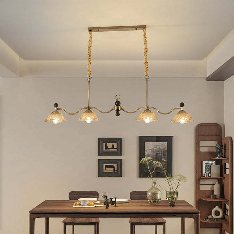 French Flower Iron Wood Glass Island Chandelier
