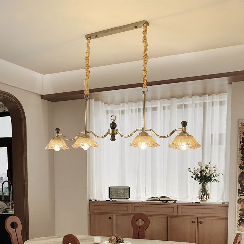 French Flower Iron Wood Glass Island Chandelier