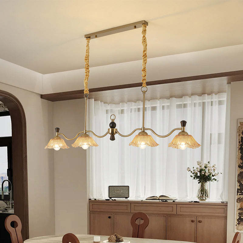 French Flower Iron Wood Glass Island Chandelier