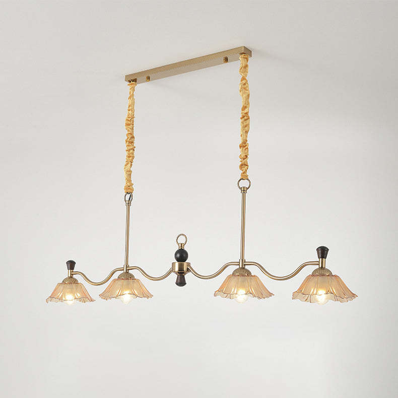 French Flower Iron Wood Glass Island Chandelier