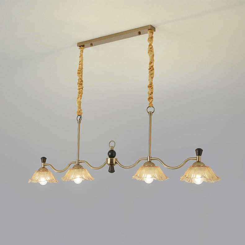 French Flower Iron Wood Glass Island Chandelier