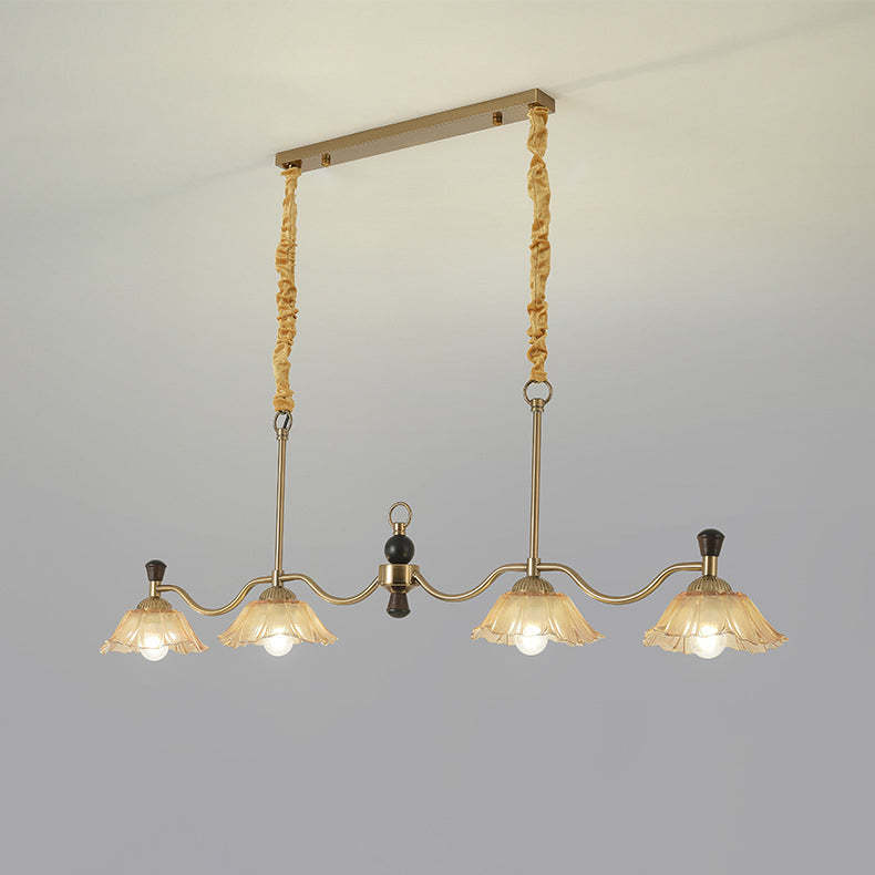 French Flower Iron Wood Glass Island Chandelier
