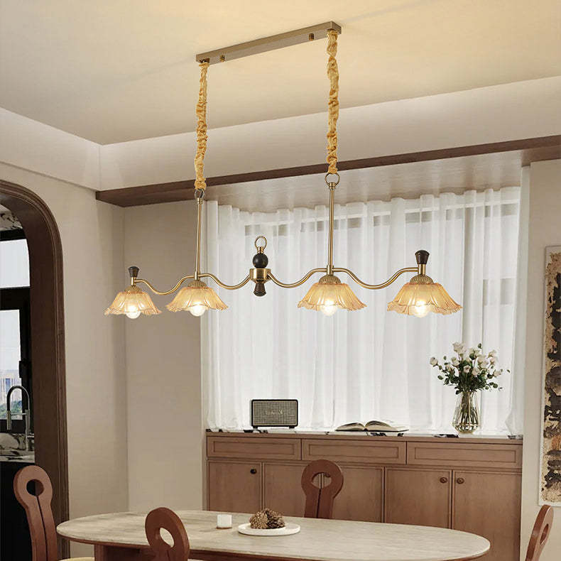 French Flower Iron Wood Glass Island Chandelier