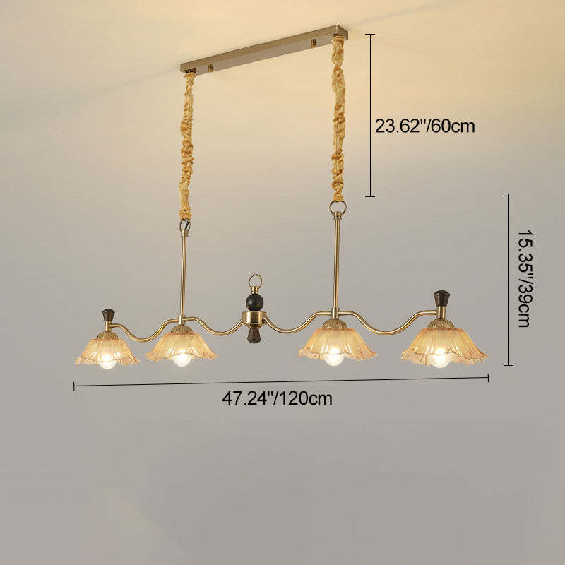 French Flower Iron Wood Glass Island Chandelier