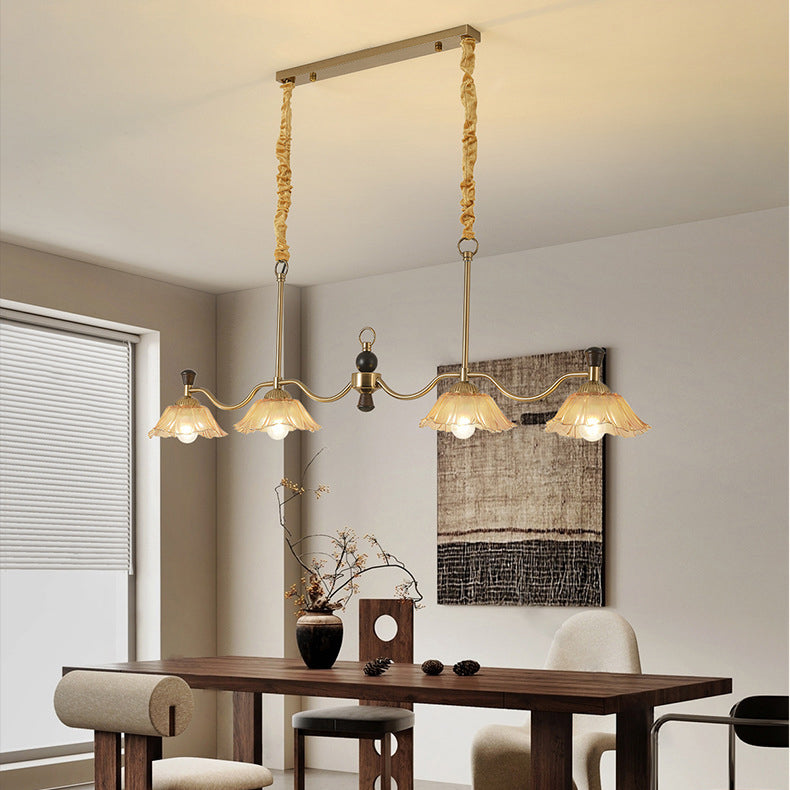 French Flower Iron Wood Glass Island Chandelier