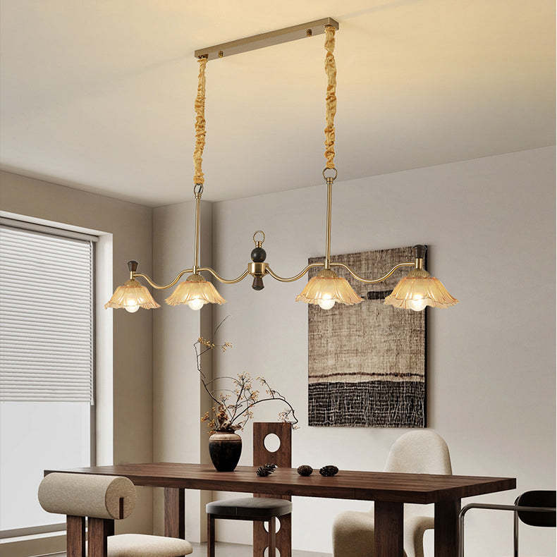French Flower Iron Wood Glass Island Chandelier