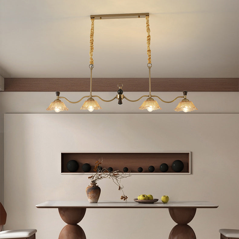 French Flower Iron Wood Glass Island Chandelier