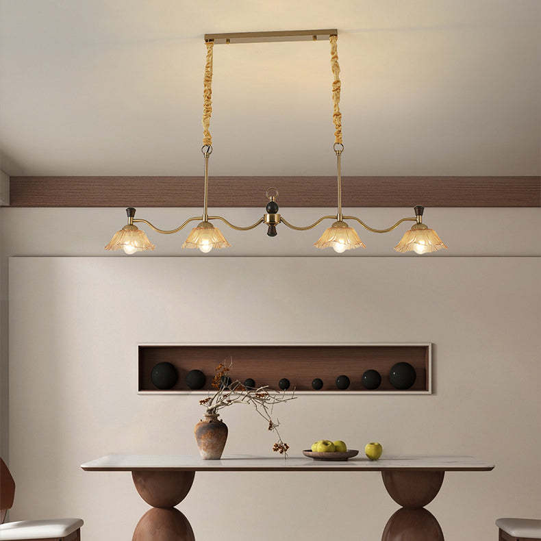 French Flower Iron Wood Glass Island Chandelier