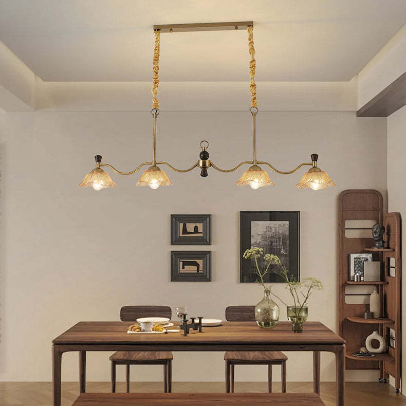 French Flower Iron Wood Glass Island Chandelier