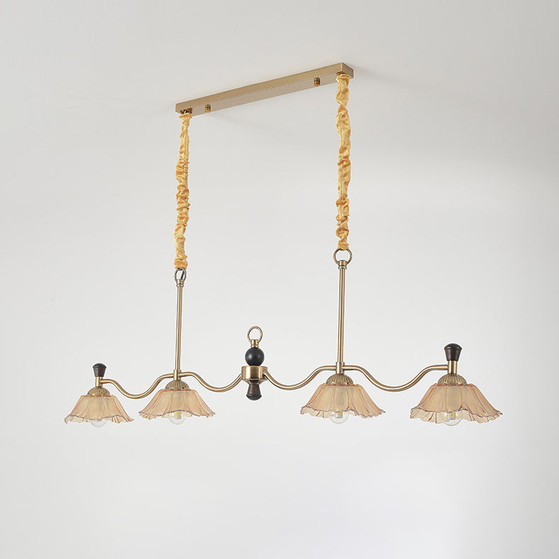French Flower Iron Wood Glass Island Chandelier