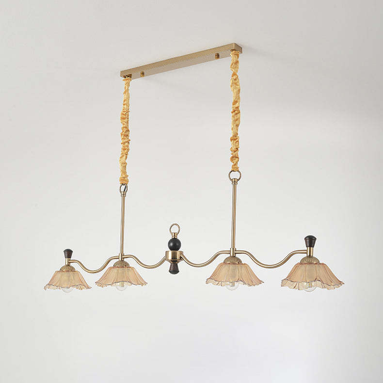 French Flower Iron Wood Glass Island Chandelier