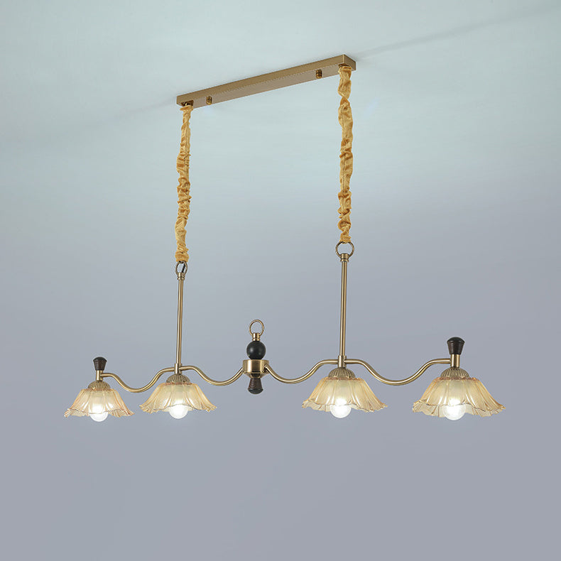 French Flower Iron Wood Glass Island Chandelier