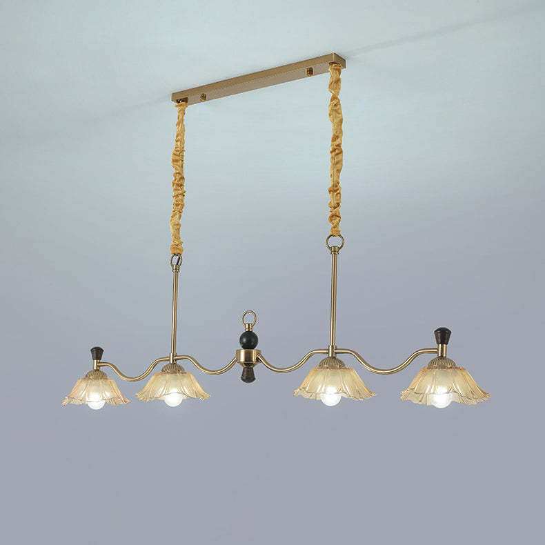 French Flower Iron Wood Glass Island Chandelier